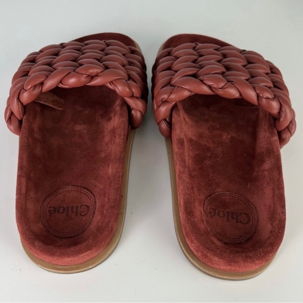 CHLOE RED BRAIDED LEATHER SLIDES - Picture 5 of 13